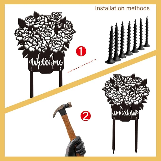 SUPERDANT Flowers Metal Garden Decor Floral Vase Decorative Stakes Welcome Yard Sign Ornament Black Outdoor Iron Fence Signs Wall Art for Home Outside Lawn Porch Walkway Farm Patio Gifts
