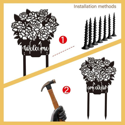 SUPERDANT Flowers Metal Garden Decor Floral Vase Decorative Stakes Welcome Yard Sign Ornament Black Outdoor Iron Fence Signs Wall Art for Home Outside Lawn Porch Walkway Farm Patio Gifts
