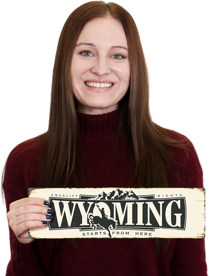 SmartSign 4 x 14 inch Wyoming State Vintage Metal Sign “Equality Rights Start From Here”, 40 mil Rustproof Aluminum with Clear Overcoat, Retro Wall Décor, Multicolor, Made in USA