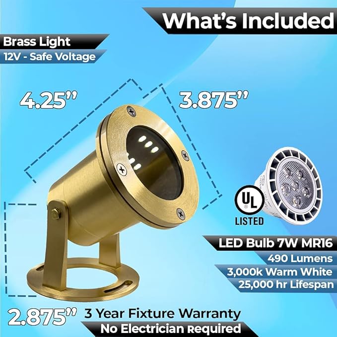 Waterproof Underwater Light 176 Solid Brass 7W MR16 LED Bulb Pond Light Submersible Waterfall Pool Fountain for Beautiful Bright Long Lasting Home Garden Patio Pool