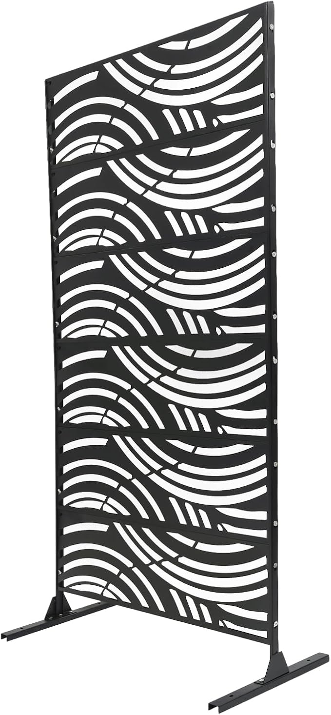 Metal Privacy Screen, 72" H x 44" W Freestanding Privacy Screens, Patio Decorative Metal Fence Panels with Stand, Portable Divider Screens, for Backyard/Patio/Deck (Black-Wave, 72''H×44''W)