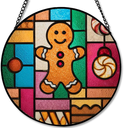 Stained Glass Window Hanging - Christmas Color Block Gingerbread Cookie with Peppermint Ornaments Sun Catchers Panel for Indoor Decorative Display for Mom,Wife,Lovers,Festive