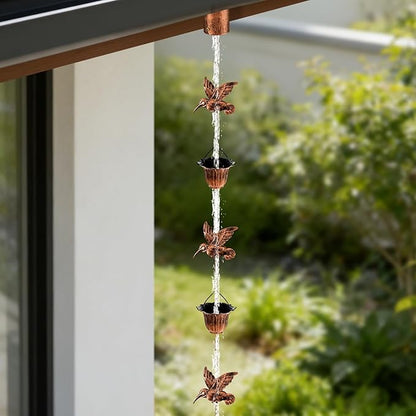 Rain Chains for Gutters Outside 8.5FT Copper Rain Catcher Chain with Adapter Decorative Replacement for Downspout with 6 Hummingbirds and 6 Flower Cups