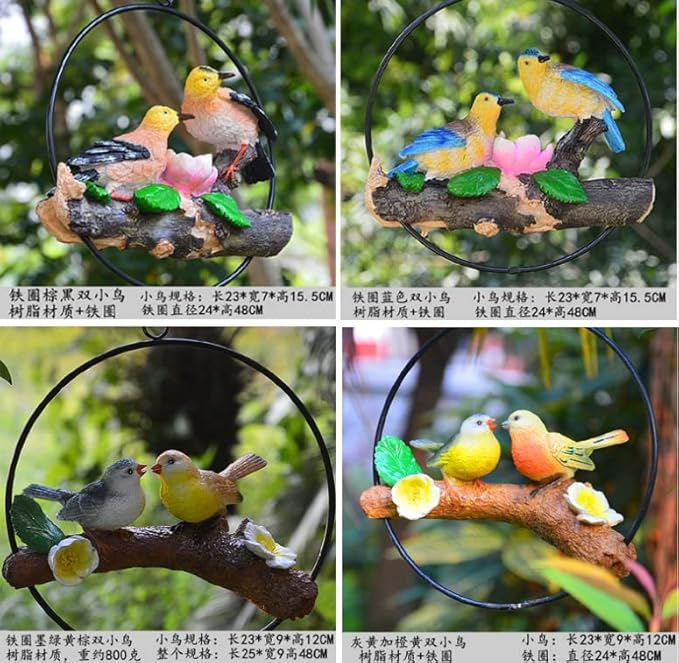 Mini Garden Statues Hanging Iron Ring Parrots, Resin Parrot Hanging Statue, Hanging Birds Figurine for Pathways Yard Patio Office Home Indoor Outdoor Tree Decorations (F-1)