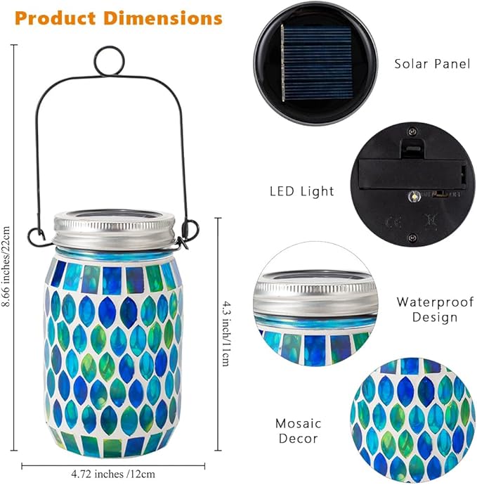 Starsoul 2 Pack Solar Lanterns Outdoor Waterproof, Decorative Teal Mosaic Glass Outdoor Lantern, Hanging Solar Garden Lights for Outside Pathway Patio Porch Yard Table, Gifts for Women Mom Grandma