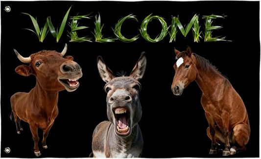 Farm Animals Welcome Flag 3X5FT, Farm House Flags, Horse Donkey Cattle eme Banner,Both Sides Printed, Men Women Banner,Vibrant Colors, Double Stitched with 2 Brass Grommets, Bar Garden Street Decoration, GYM, Office Decor,Indoor Outdoor Use,Gifts. (H-D...