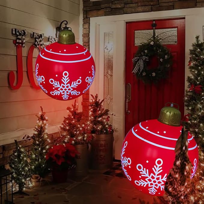 24 inch Inflatable Christmas Balls Ornaments, Christmas Decoration LED Lights with PVC, Giant Xmas Party Supplies, Garden Glow Up Balls with Remotes, Hanging Disco Balls with Snowflake 2PK