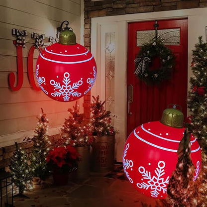 24 inch Inflatable Christmas Balls Ornaments, Christmas Decoration LED Lights with PVC, Giant Xmas Party Supplies, Garden Glow Up Balls with Remotes, Hanging Disco Balls with Snowflake 2PK