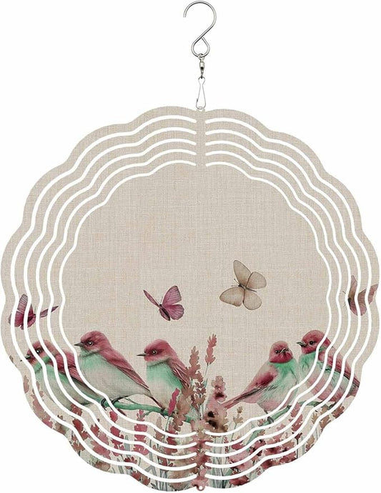 Stainless Steel Wind Spinner for Yard Garden Decoration, Red Bird Flower Floral Butterfly Vintage Summer Round Wind Sculpture Spinner 3D Crafts Hanging Ornaments for Indoor Outdoor, 8 Inch