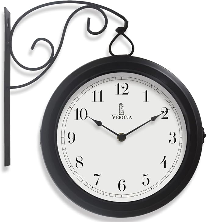 Metal Double Sided Wall Clock 10" - Decorative Indoor Outdoor Double Sided Clock - Easy to Read, Hanging Train Station Style for Patio, Garden, Office & More - Antique Style Outside Corner Wall Decor