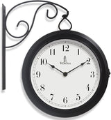 Metal Double Sided Wall Clock 10" - Decorative Indoor Outdoor Double Sided Clock - Easy to Read, Hanging Train Station Style for Patio, Garden, Office & More - Antique Style Outside Corner Wall Decor
