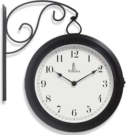 Metal Double Sided Wall Clock 10" - Decorative Indoor Outdoor Double Sided Clock - Easy to Read, Hanging Train Station Style for Patio, Garden, Office & More - Antique Style Outside Corner Wall Decor