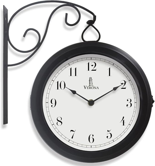 Metal Double Sided Wall Clock 10" - Decorative Indoor Outdoor Double Sided Clock - Easy to Read, Hanging Train Station Style for Patio, Garden, Office & More - Antique Style Outside Corner Wall Decor