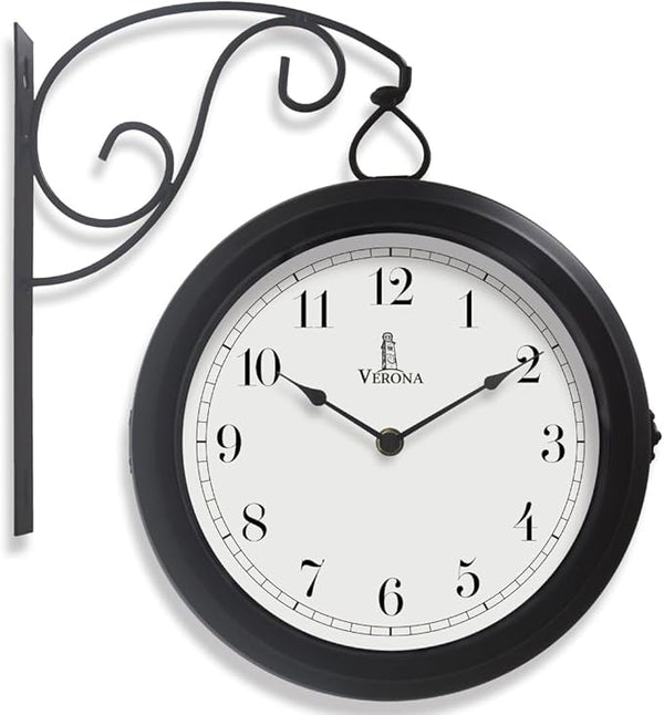 Metal Double Sided Wall Clock 10" - Decorative Indoor Outdoor Double Sided Clock - Easy to Read, Hanging Train Station Style for Patio, Garden, Office & More - Antique Style Outside Corner Wall Decor