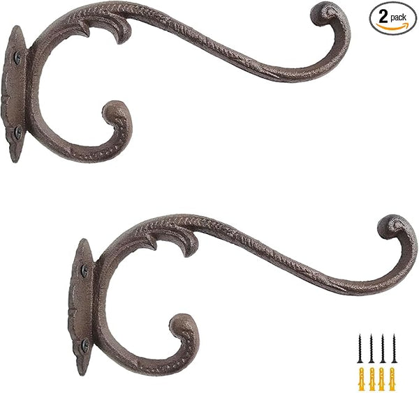 Z metnal Cast Iron Plant Hanger - 9 inch Rustic Wall Mounted Hanging Basket Holder for Outdoor Garden, Patio, Porch Decor - Heavy Duty Metal Hook Bracket, Double Hook