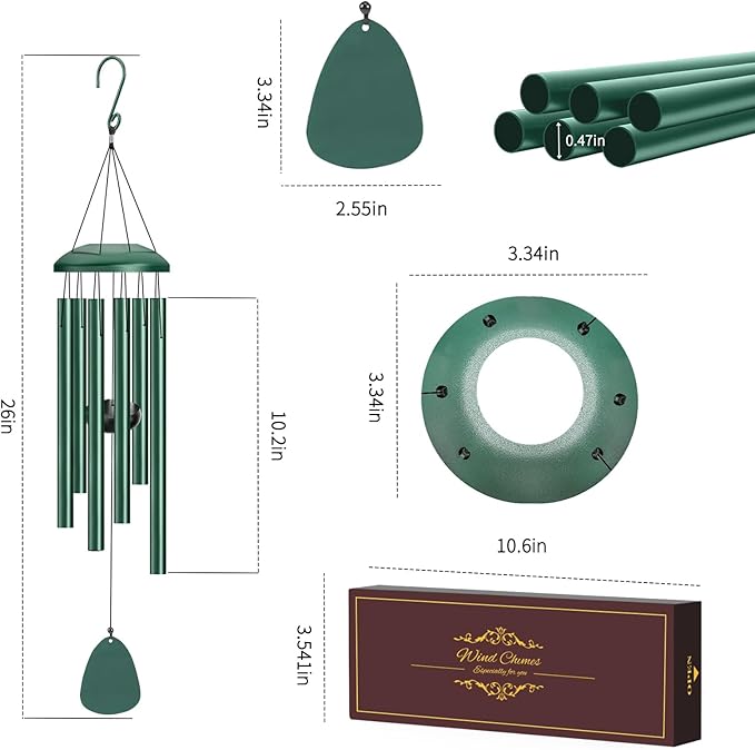 Wind Chimes Outdoor Outside - 6 Tubes 26" Memorial Garden Chime,Retirement & Sympathy Gift for Outdoor Patio Yard Decoration, Retired Gift for Mom Women Grandma Neighbors Green