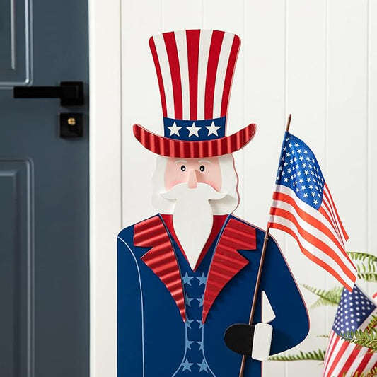 Glitzhome Patriotic 4th of July Wooden Porch Sign Independence Day 40" H Americana Uncle Sam Porch Decor Vertical Front Door Sign for Memorial Day Sign Home Front Door Yard Party Decor