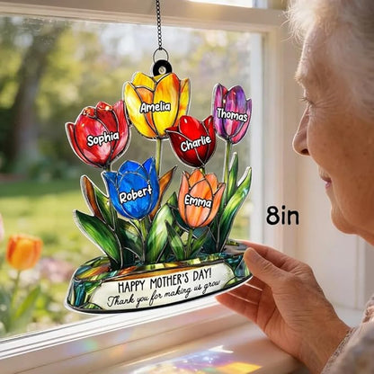 Personalized Grandma Mom Tulip Flower Acrylic Sun Catcher Ornament, Custom Heartfelt Grandma Gifts for Mothers Day, Nana Gift from Grandkids, Custom Family Window Hanging Home Decor
