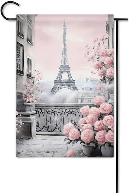 Gkyygk Eiffel Tower Pink Roses Paris Welcome Garden Flag 12x18 Inch Banners Vertical Double Sided Small Yard Flag Burlap Farmhouse Outdoor Lawn Patio Decor