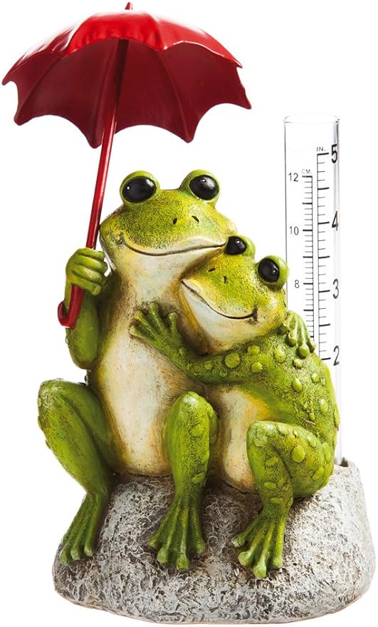 Evergreen Frog Lovers Statue with Umbrella Glass Rain Gauge | Green | Garden Decor Outdoor | 18 Inches Tall | 5" Rain Capacity Easy to Read