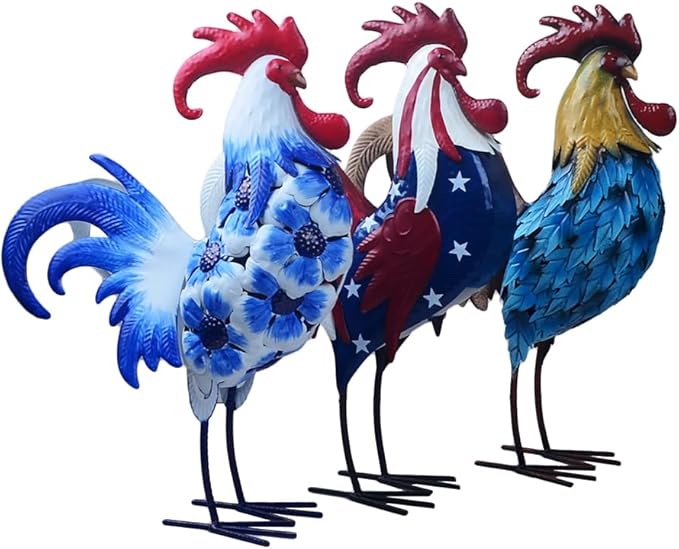 Metal Rooster Statues Waterproof Chicken Sculpture Metal Garden Deco Outdoor Yard Ornament for Patio Lawn Backyard