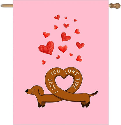 Dachshund Valentine House Flag Weiner Dog Valentines Day Garden Decorative for Outside 28 x 40 Double Sided I Love You Long Time Holiday Anniversary Yard Banner