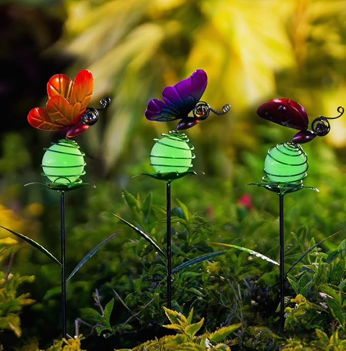 Stargarden Decorative Garden Stakes, 3 Pack Colorful Metal Garden Stakes, Luminous Butterfly Insect Metal Yard Art, Waterproof Garden Decor for Indoor, Outdoor