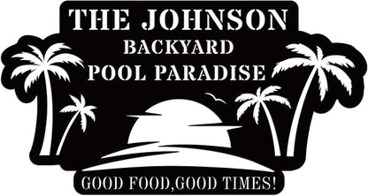 Personalized Pool Metal Name Sign,Custom Poolside Paradise Pool Signs and Decor Outdoor, Family Palm Tree Sign, Last Name,Summer Backyard Patio Decor