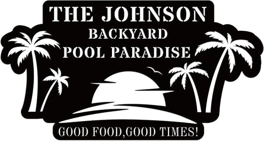 Personalized Pool Metal Name Sign,Custom Poolside Paradise Pool Signs and Decor Outdoor, Family Palm Tree Sign, Last Name,Summer Backyard Patio Decor