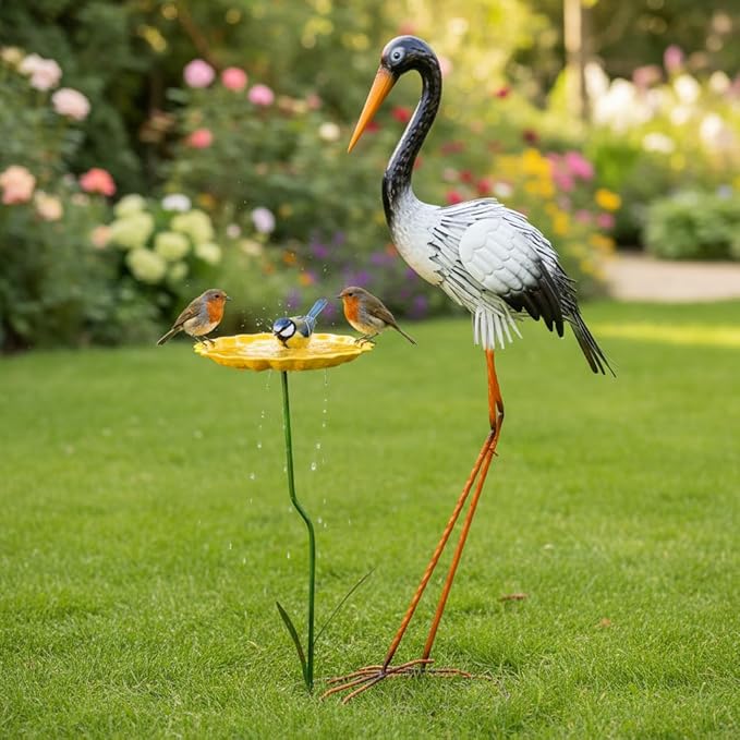 38" Metal Crane Garden Statue with Bird Bath, Large Outdoor Heron Sculpture,Rust-Proof Garden Sculptures & Statues,Yard Art for Patio & Backyard