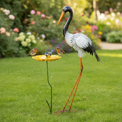38" Metal Crane Garden Statue with Bird Bath, Large Outdoor Heron Sculpture,Rust-Proof Garden Sculptures & Statues,Yard Art for Patio & Backyard
