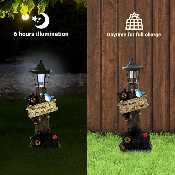 19 Inches Bear Statue Welcome Sign Garden Statue with Solar Lights, Resin Bear Family on The Tree, Outdoor Bear Décor for Yard, Garden, Lawn, Patio, Black and Brown Animal Statue