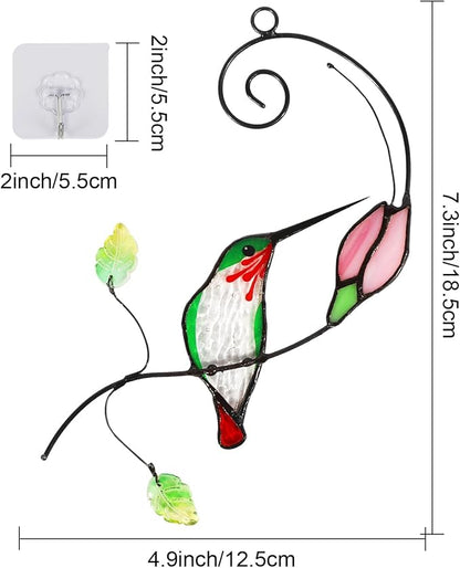 Handmade Stained Glass Hummingbird Suncatcher, Window Hanging Ornament with Flower Design, Indoor Outdoor Garden Decor