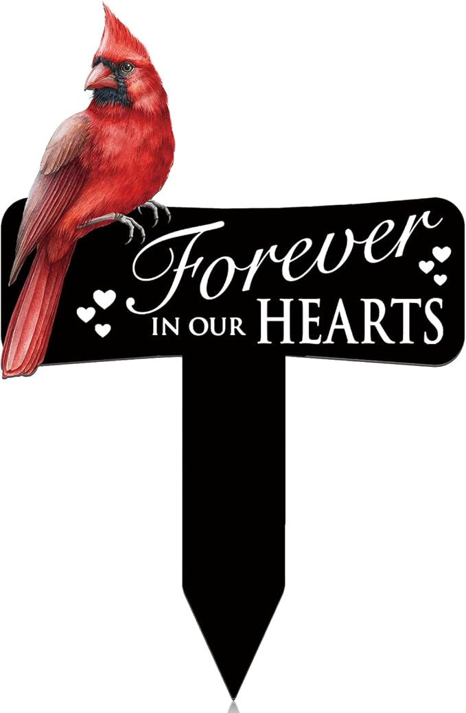 Hicarer Cardinals Grave Markers Cardinals Memorial Gift Metal Sympathy Stakes for Cemetery Memorial, Garden Yard, 11.8 x 7.87 Inch(Forever in Our Hearts)