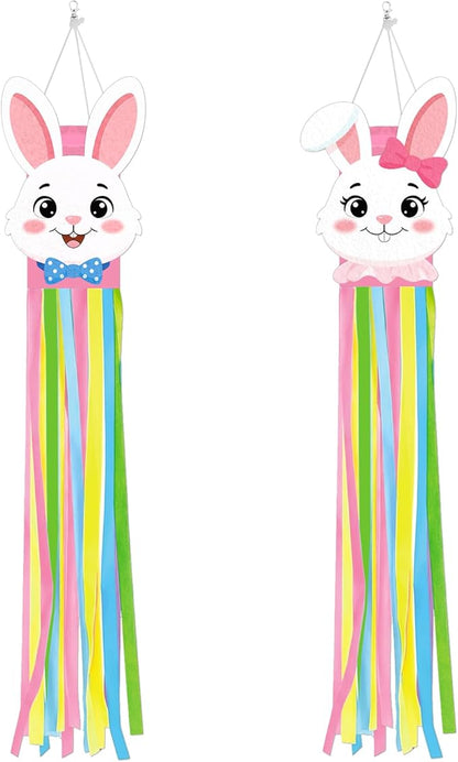 2PCS Easter Windsocks Outdoor Decorations Bunny Spring Hanging Floating Face Wind Socks for Yard Garden Porch Patio Decor