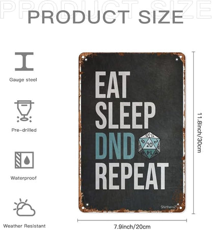 Retro Tin Signs Eat Sleep Dnd Repeat Vintage Metal Wall Decor for Home,Garden,Office,and Outdoor Aesthetic Room Decor and Wall Art 8x12IN