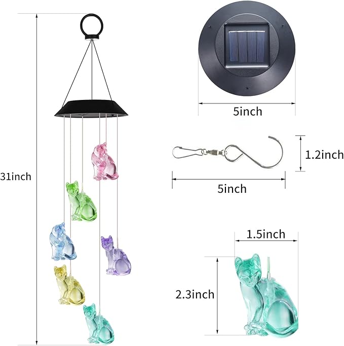 Cat Wind Chimes HiSolar Cat Solar Wind Chime Color Changing Outdoor Gifts fo Mom Grandma Friends Birthday Gifts for Mom, Grandma Gift, Gardening Memorial Wind Chimes