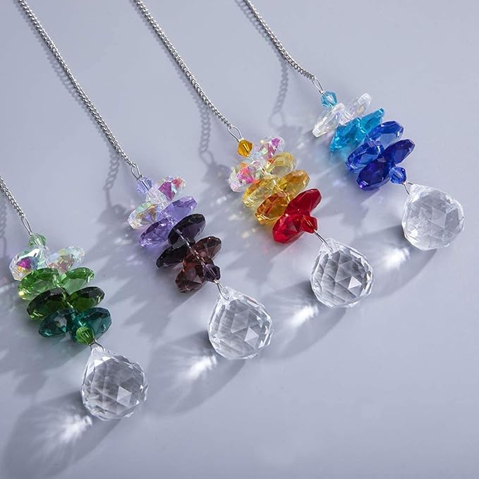 HDCRYSTALGIFTS 4PCS Crystal Hanging Sun Catchers for Window Indoor Rainbow Maker Suncatchers Crystals Ball Prism Chakra Octagon Bead Decor for Home Garden,10.5inch