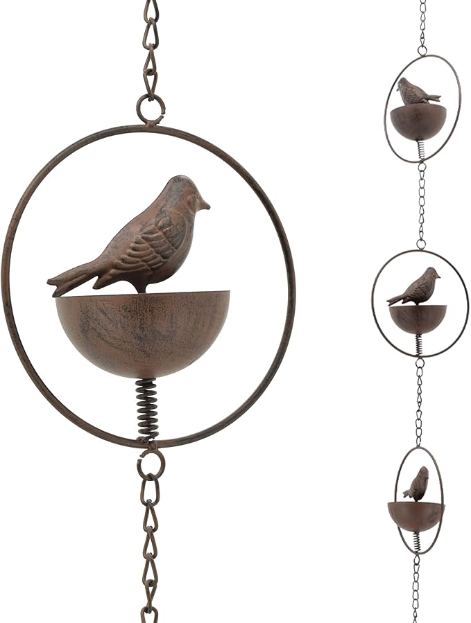 Arcadia Garden Products RC05 Perched Bird Rain Chain, Decorative Replacement Downspout for Gutters, 7 Cups, 6.5 ft, Brown