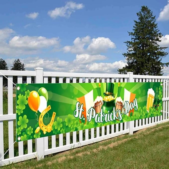 St Patricks Day Banner 120 * 20 inch St Happy St Patricks Day Decorations Backdrop Yard Signs Irish Holiday Decor Party Supplies for Outdoor Fences and Holiday Displays Outdoor Yard Patio Banner