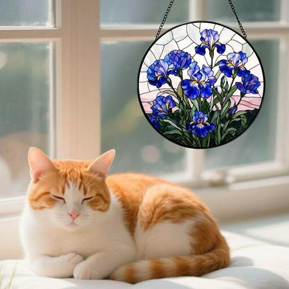 Stained Glass Window Hanging - Blue Iris Painting 6.3 Inches Suncatcher for Garden Home Decor for Women Mon Grandma Friends
