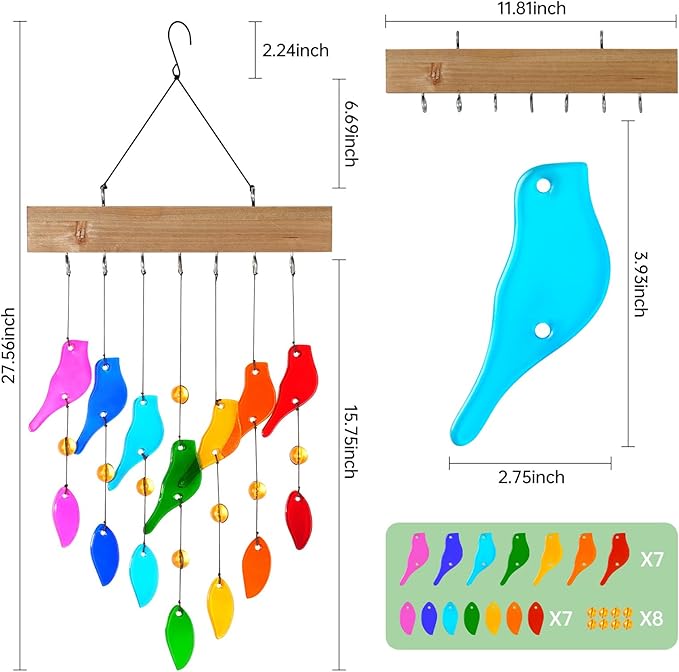 Glass Wind Chimes，Wind Chimes for Outside，Colorful Wind Chime 28" Garden Chimes for Home Patio, Housewarming Gifts for New House, Gift for Unisex (Bird)
