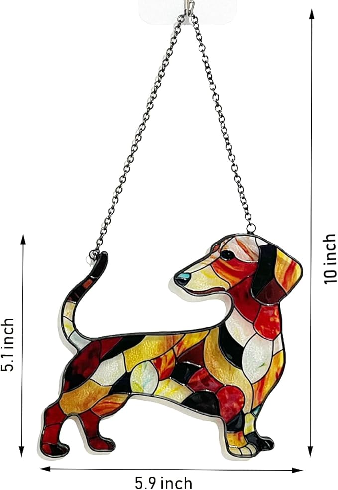 Dachshund Stained Glass Window Hanging, 5.9 * 5.1 in Hand-Painted Sun Catcher Panel Wall Art Decor with Chain, Gifts for Women Mom Grandma