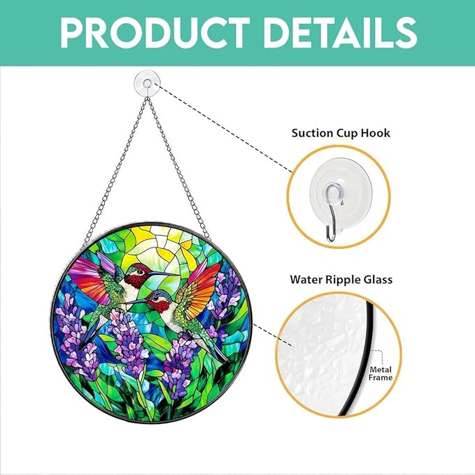 Stained Glass Window Hanging Hummingbird Sun Catcher 7.8 in, Glass Panel Suncatcher for Window Decor, Hummingbird Gifts for Women Mom and Birds Lover