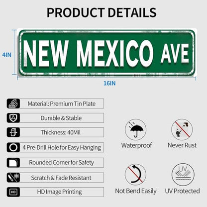 New Mexico State Tin Decor 16 * 4 Inches "NEW MEXICO AVE" Home/Patio Wall Art - Retro State Accent, Southwestern Decor, New Mexico Metal Sign