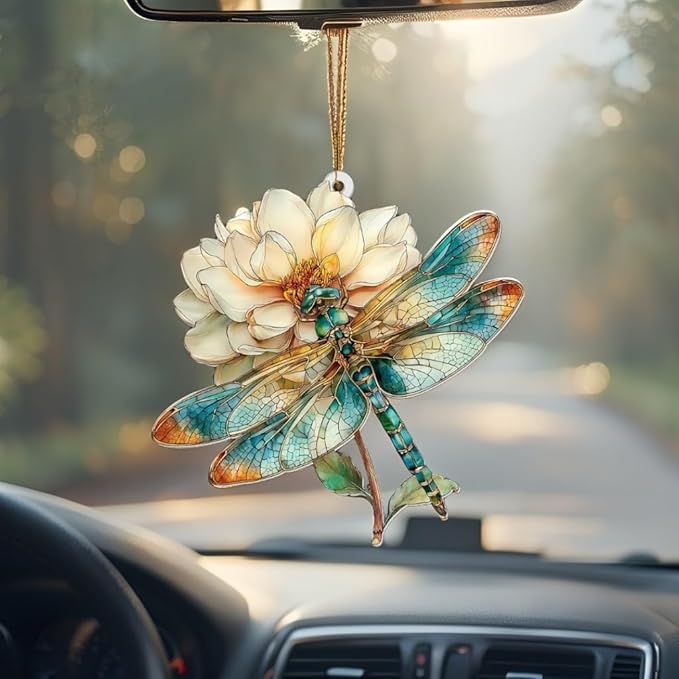 Dragonfly Ornament Stained Glass Style – Acrylic Window Hanging Suncatcher with Flower, Dragonfly Gifts for Women, Christmas Tree Ornament, Whimsical Home & Garden Décor(Sun-21)