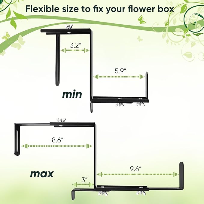 VIVIKEN Planter Box Brackets, Adjustable Window Box Brackets for Deck Railing, No Drill Flower Box Bracket for Outdoor Planters-2 Pack