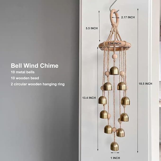 Wind Chimes Outdoor, Wooden Wind Chimes with 10 Gold Bells,Melody Light Tone,Classic Zen Garden Cute Wind-Chime Home Hanging Décor for Relaxation, Grace, Patio, Garden, Indoor Peace,Bedroom