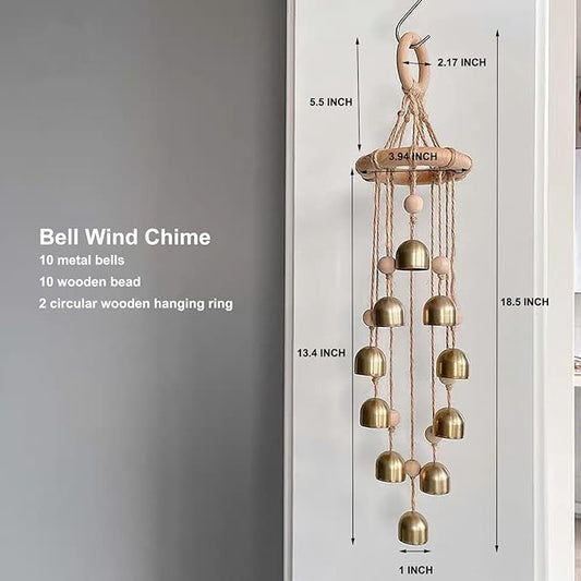 Wind Chimes Outdoor, Wooden Wind Chimes with 10 Gold Bells,Melody Light Tone,Classic Zen Garden Cute Wind-Chime Home Hanging Décor for Relaxation, Grace, Patio, Garden, Indoor Peace,Bedroom