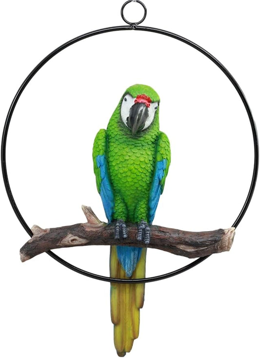 Ebros Patio Home Garden Hanging Scarlet Macaw Parrot Perching on Branch in Metal Round Ring Figurine Sculpture Nature Lovers Tropical Bird Collectors Decor 13.5" H (Green)